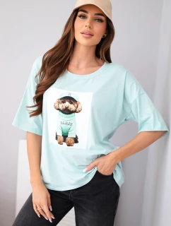 Dámská bavlněná oversize halenka s krátkým rukávem a potiskem mentolová