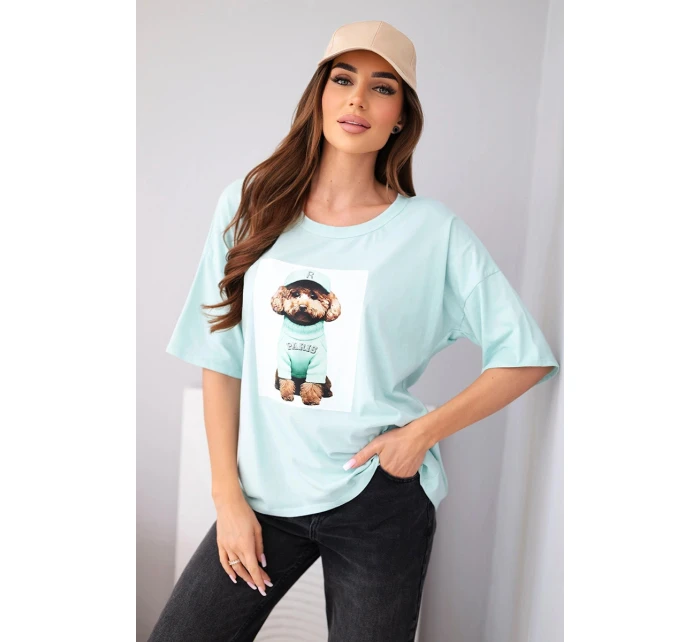 Dámská bavlněná oversize halenka s krátkým rukávem a potiskem mentolová