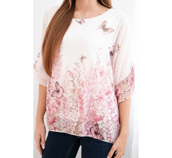 Dámská halenka s plisovaným rukávem a potiskem růžová