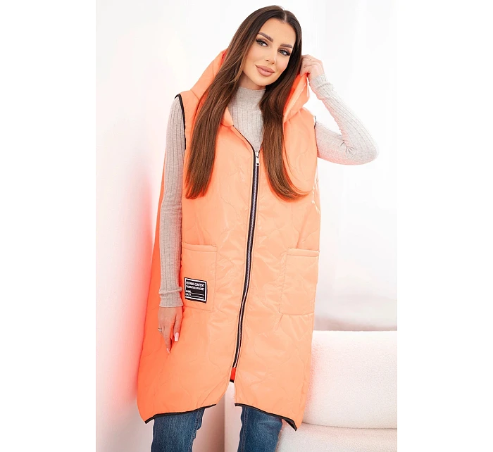 Dámská prošívaná vesta Plus Size s kapucí model 22064345 na zip oranžový neon - K-Fashion