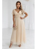 635-9 MELANIA dlouhé třpytivé svatební šaty s výstřihem a krátkými rukávy - béžové