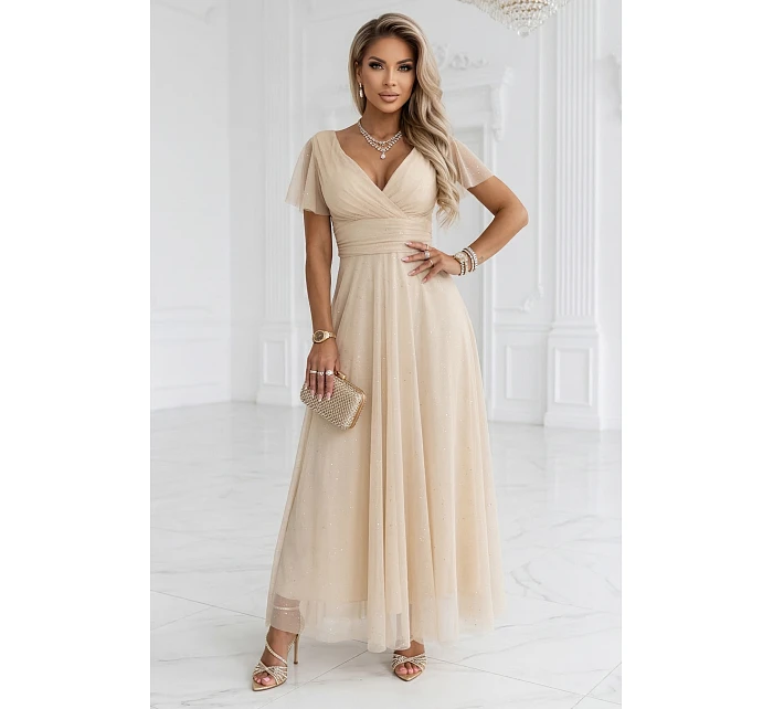 635-9 MELANIA dlouhé třpytivé svatební šaty s výstřihem a krátkými rukávy - béžové