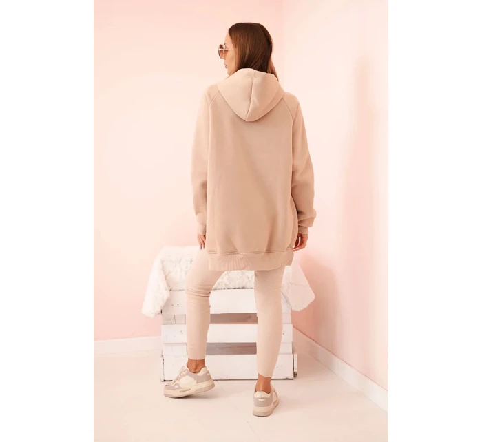 Dámská bavlněná souprava s kapucí a legíny s vysokým pasem béžová
