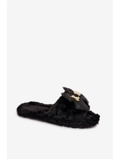 Kožešinové dámské pantofle s mašlí a zlatým zdobením Černé Nolara