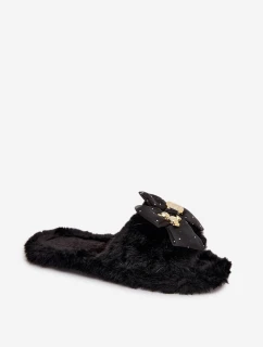 Kožešinové dámské pantofle s mašlí a zlatým zdobením Černé Nolara