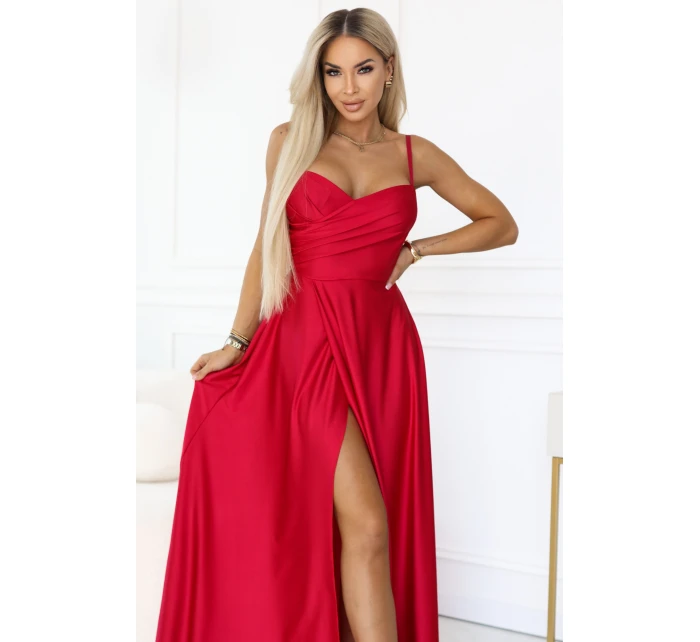 646-3 Dlouhé společenské šaty bez ramínek s rozparkem na nohou - červené