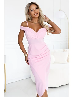 Midi šaty s odhalenými rameny a výstřihem – pastelově růžové model 22307276 - numoco basic