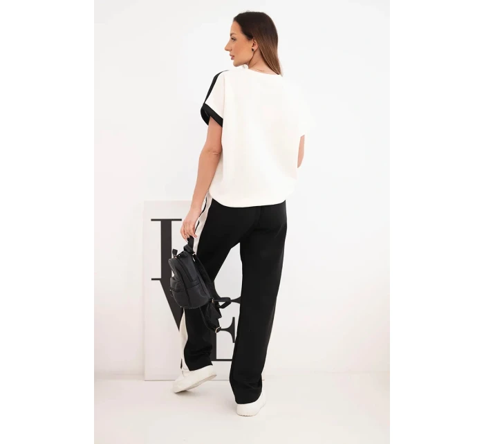 Dámský máslový komplet s oversize mikinou a širokými kalhotami ecru + černý