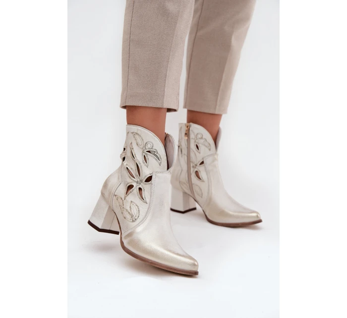 Kožené Prolamované Dámské Kotníkové Boty Na Podpatku  Zlatý model 21713208 - Zazoo