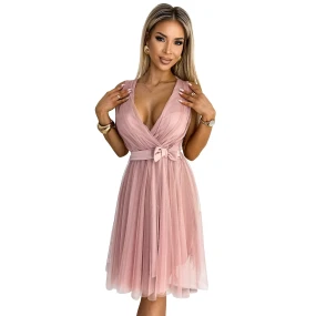 523-1 Tylové šaty s výstřihem a mašlí - BRUCE PINK