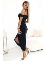 564-11 CALLIE Midi šaty s odhalenými rameny a výstřihem - černé
