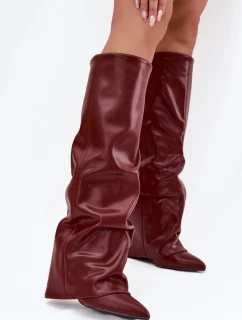 Zateplené dámské kozačky s vytočeným horním lemem na podpatku bordó Elivira