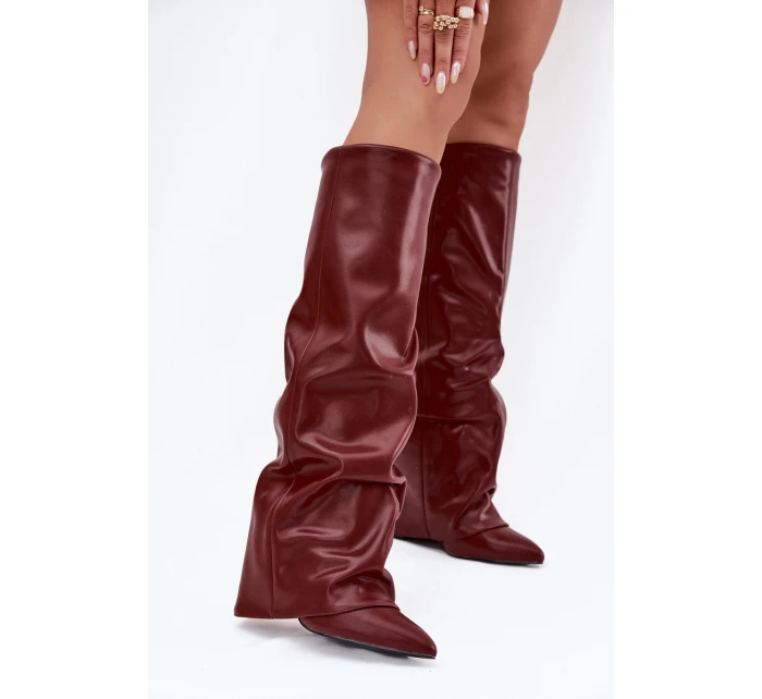 Zateplené dámské kozačky s vytočeným horním lemem na podpatku bordó Elivira