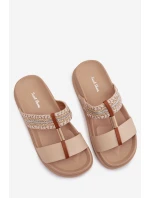 Dámské platformové pantofle se pásky a zlatým detailem Béžové Tahlia