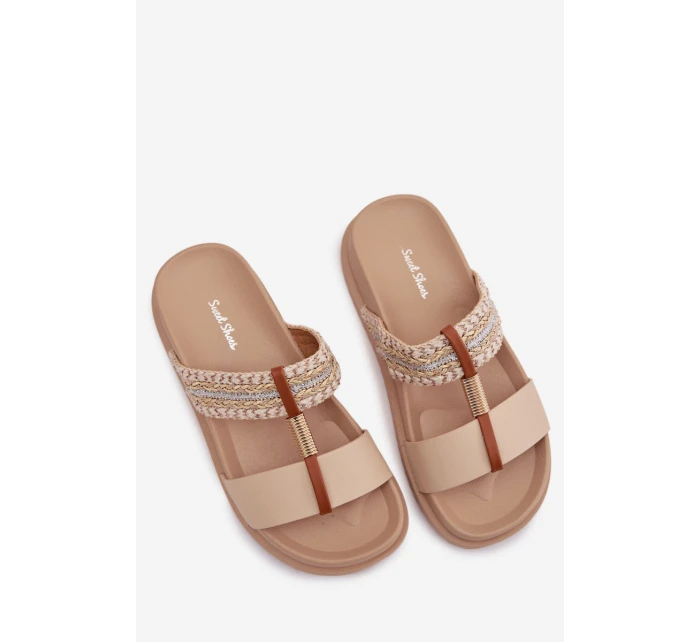 Dámské platformové pantofle se pásky a zlatým detailem Béžové Tahlia