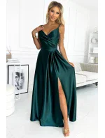 299-9 CHIARA elegantní maxi dlouhé saténové šaty bez ramínek - BOTTLE GREEN