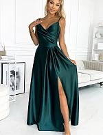 299-9 CHIARA elegantní maxi dlouhé saténové šaty bez ramínek - BOTTLE GREEN