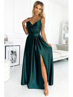 299-9 CHIARA elegantní maxi dlouhé saténové šaty bez ramínek - BOTTLE GREEN