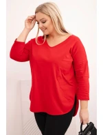 Dámská bavlněná blůza Plus Size s výstřihem do V a ohrnutým rukávem červená Dámská bavlněná blůza Plus Size s výstřihem do V a ohrnutým rukávem červená