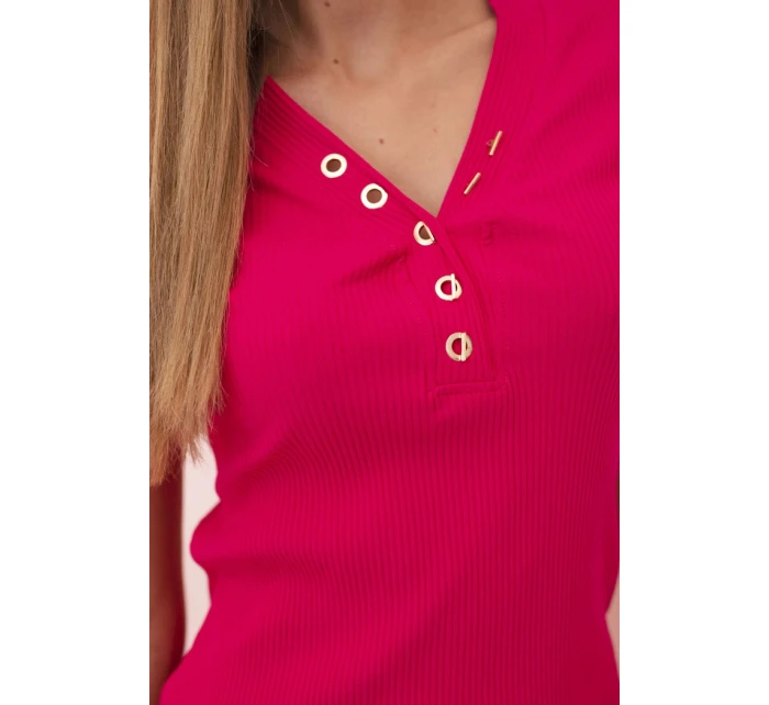 Dámská bavlněná pruhovaná šaty s výstřihem do V a knoflíky fuchsie