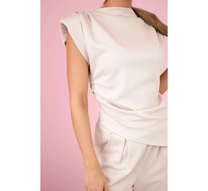 Komplet asymetrická halenka + kalhoty béžový