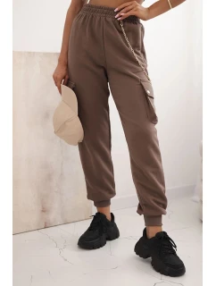 Dámské bavlněné cargo kalhoty s kapsami a řetízkem mocca