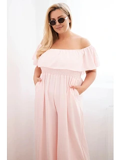 Dámský overal Plus Size s volánem a krátkým rukávem pudrově růžová