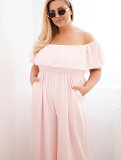 Dámský overal Plus Size s volánem a krátkým rukávem pudrově růžová