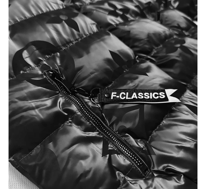 Černá krátká zimní bunda s květovaným vzorem (CAN-597)