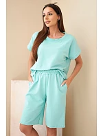 Dámský bavlněný komplet tričko s krátkým rukávem a kraťasy s gumou v pase mentolový