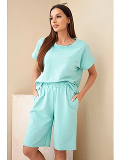 Dámský bavlněný komplet tričko s krátkým rukávem a kraťasy s gumou v pase mentolový