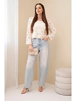 Dámský ažurový svetr s květinovým vzorem béžový