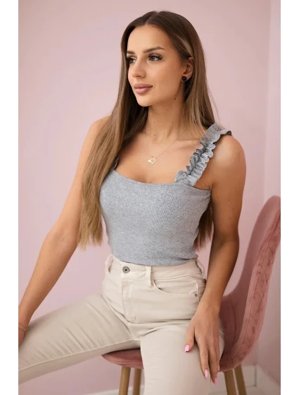 Halenka bez ramínek s volánky šedá Halenka bez ramínek s volánky šedá