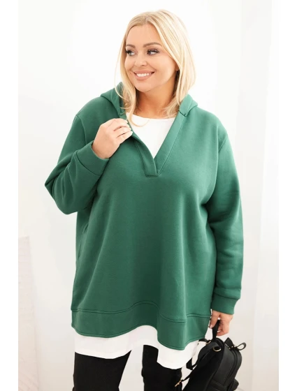 Dámská mikina s kapucí a model 21480757 výstřihem Plus Size zateplená tmavě zelená - K-Fashion