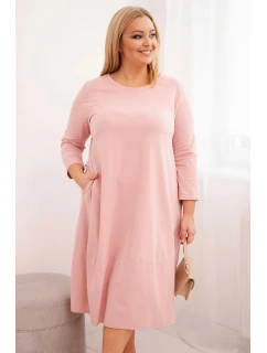 Dámská bavlněná šaty Plus Size s ohrnutým rukávem a kapsami pudrově růžová