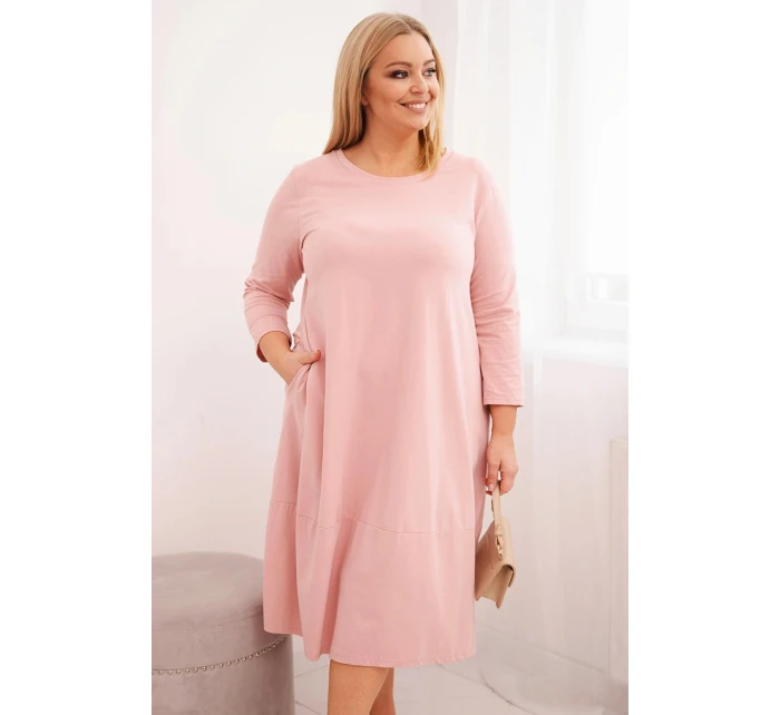 Dámská bavlněná šaty Plus Size s ohrnutým rukávem a kapsami pudrově růžová Dámská bavlněná šaty Plus Size s ohrnutým rukávem a kapsami pudrově růžová