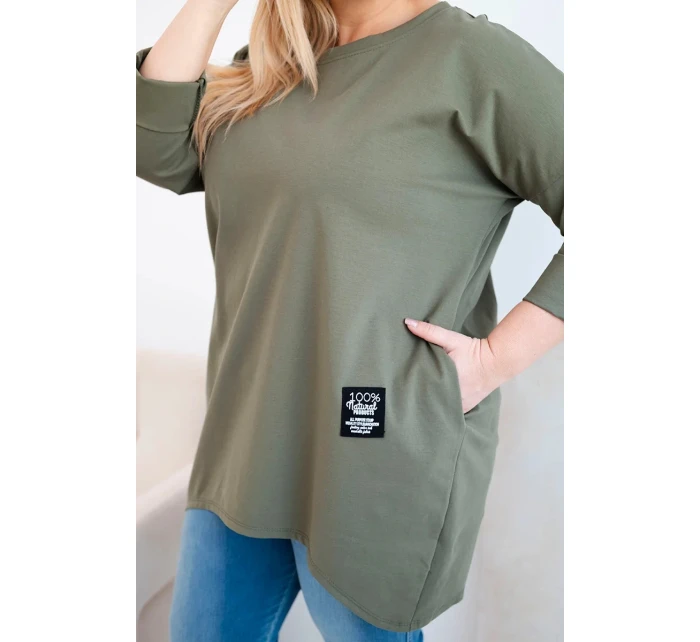 Dámská blůza Plus Size s delším zadním dílem a dlouhým rukávem khaki