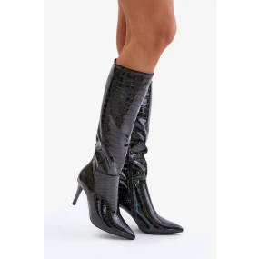 Kozáky Na Jehlovém Podpatku S Ražbou Černé Reanwenna