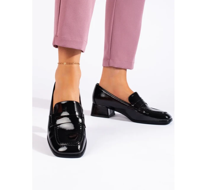 Originální dámské  mokasíny černé na širokém podpatku