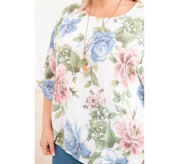 Dámská bavlněná halenka Plus Size s krátkým rukávem a květinovým vzorem bílá