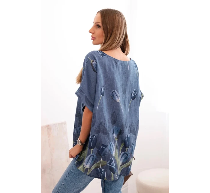 Dámská bavlněná košile s květinovým vzorem džínová modrá Dámská bavlněná košile s květinovým vzorem džínová modrá