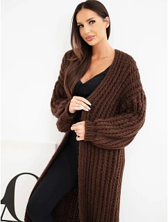 Dámský dlouhý model 22353171 kardigan bez zapínání s širokým rukávem hnědý - K-Fashion
