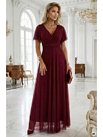 635-5 MELANIA dlouhé lesklé šaty s výstřihem a krátkými rukávy - vínové 635-5 MELANIA dlouhé lesklé šaty s výstřihem a krátkými rukávy - vínové