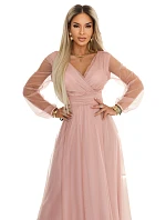 Dlouhé maxi šaty s rukávy a obálkovým výstřihem pudrově růžové model 22046066 - numoco basic