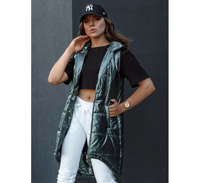 Dámská prošívaná vesta s kapucí dlouhá MERIS tmavě zelená FashionStreet TY4425