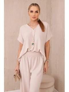Komplet s náhrdelníkem halenka + kalhoty béžový