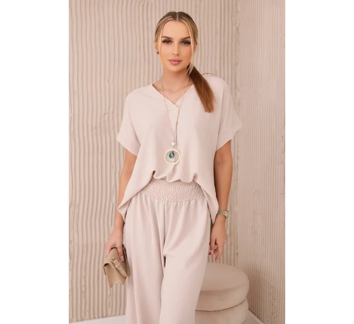 Komplet s náhrdelníkem halenka + kalhoty béžový