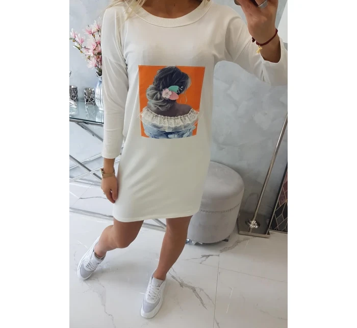 Šaty s 3D grafikou, krajka v barvě ecru