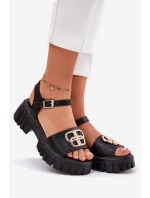 Dámské kožené sandály se zlatým detailem model 21695066 Černé - VINCEZA
