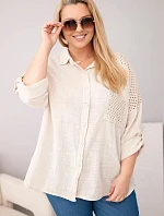 Dámská bavlněná košile Plus Size s límečkem a krajkovou vsadkou béžová
